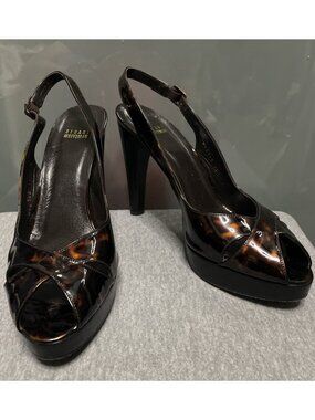 Stuart Weitzman Size 11 Brown Tortoise Patent Leather Slingback Platform Sandals